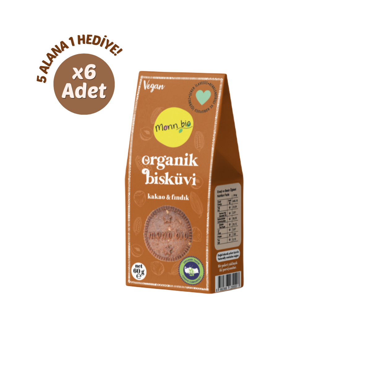 Organik & Vegan Kakaolu Fındıklı Bisküvi 60 Gr 6'Lı