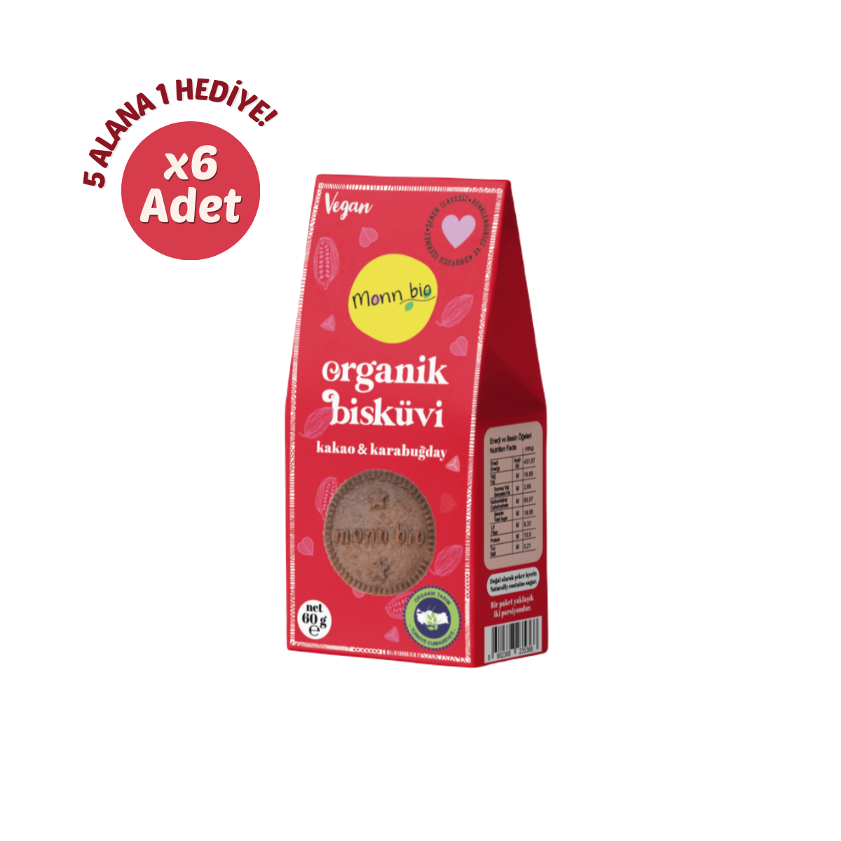 Organik & Vegan Kakaolu Karabuğdaylı Bisküvi 60 Gr 6'Lı